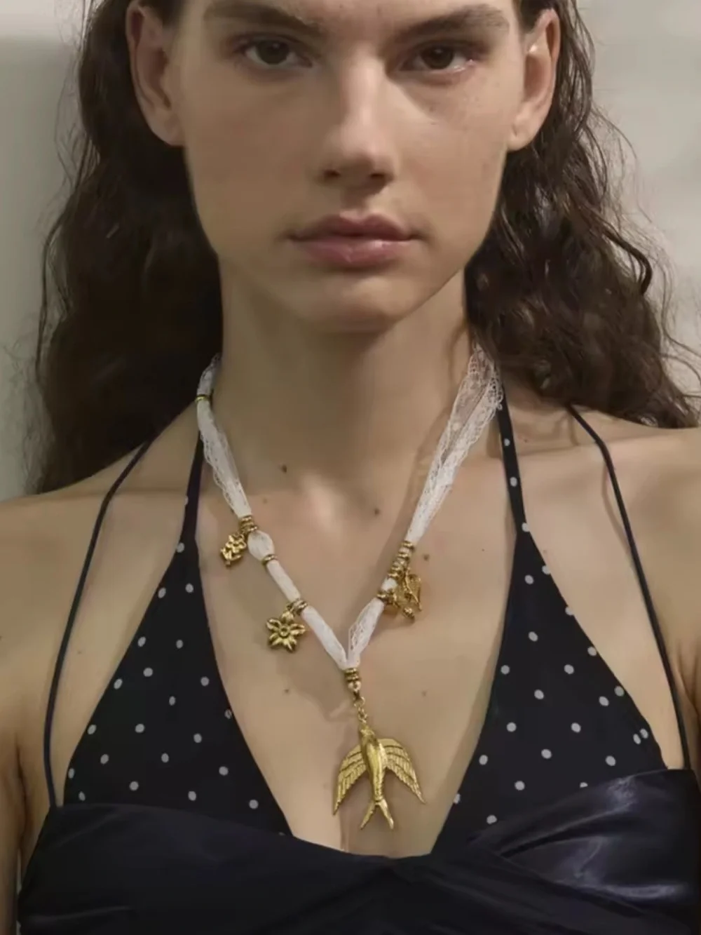 Gold Bird Charm White Lace Necklace